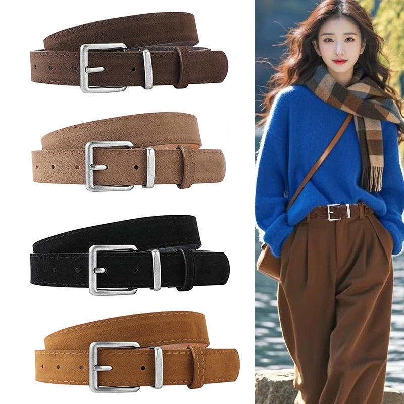 เข็มขัดหนังกลับหัวเข็มหมุดสีเงิน ระดับไฮเอนด์ อเนกประสงค์ ทันสมัย ​​ลำลอง สไตล์ใหม่ เหมาะสำหรับทั้งชายและหญิง