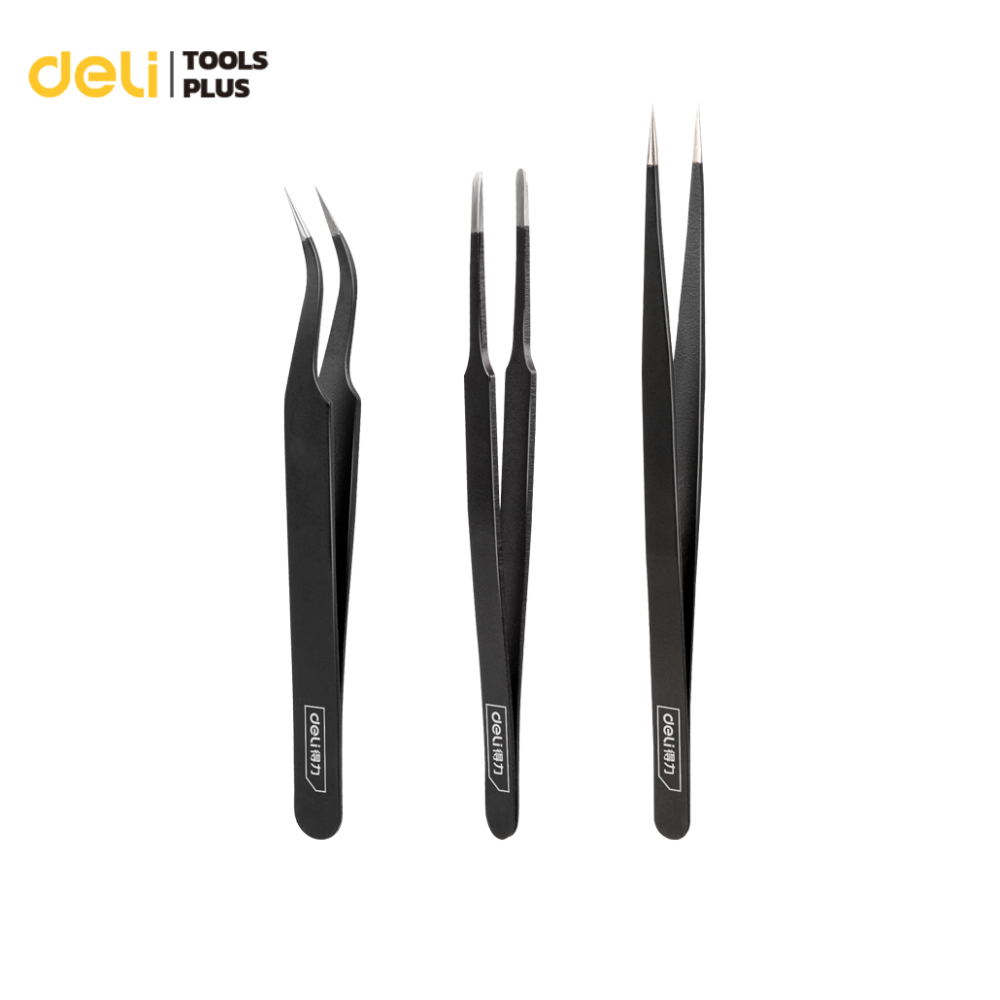 Deli ปากคีบ ปลายโค้ง ปลายตรง ปลายทู่ 3ชิ้น สแตนเลส แหนบปากคีบ แหนบปลายแหลม ที่คีบเพชร  tweezer
