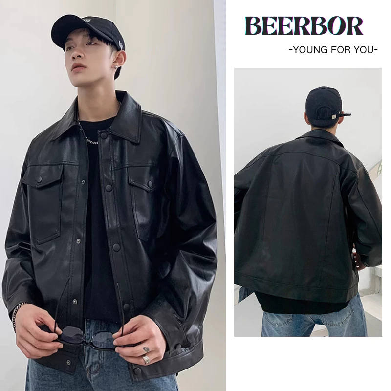 beerbroth-เสื้อแจ็คเก็ตหนังผู้ชาย หนังสีดำ แขนยาว ทรงหลวม สีพื้น แฟชั่นฤดูใบไม้ร่วงใหม่ สตรีทสไตล์อเมริกันย้อนยุค