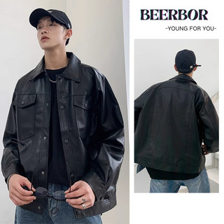 beerbroth-เสื้อแจ็คเก็ตหนังผู้ชาย หนังสีดำ แขนยาว ทรงหลวม สีพื้น  แฟชั่นฤดูใบไม้ร่วงใหม่ สตรีทสไตล์อเมริกันย้อนยุค