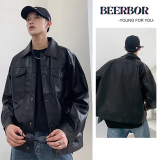 beerbroth-เสื้อแจ็คเก็ตหนังผู้ชาย หนังสีดำ แขนยาว ทรงหลวม สีพื้น แฟชั่นฤดูใบไม้ร่วงใหม่ สตรีทสไตล์อเมริกันย้อนยุค