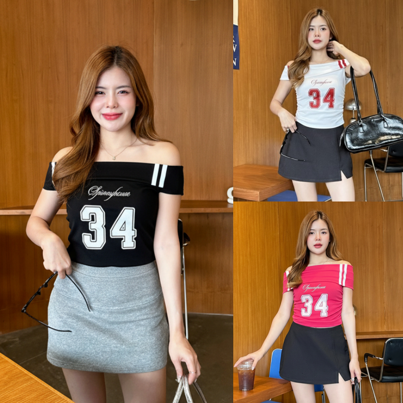 🌈SpinnyHouse🌈เสื้อปาดไหล่แขนสั้้น ปาดไหล่ สกรีนลายฟิวสปอร์ต ทรงสวย ผ้ายืดนิ่มใส่สบาย สาวอวบใส่ได้ รุ่น หนูยิ้ม 34