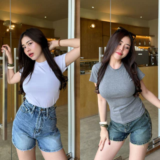 🌈SpinnyHouse🌈เสื้อยืดเข้ารูป เสื้อรัดรูป พร้อมส่ง ผ้าร่องยืดเยอะมาก สาวอวบใส่ได้ สไตล์มินิมอล แมตช์ลุคง่ายสุด รุ่น แครอท