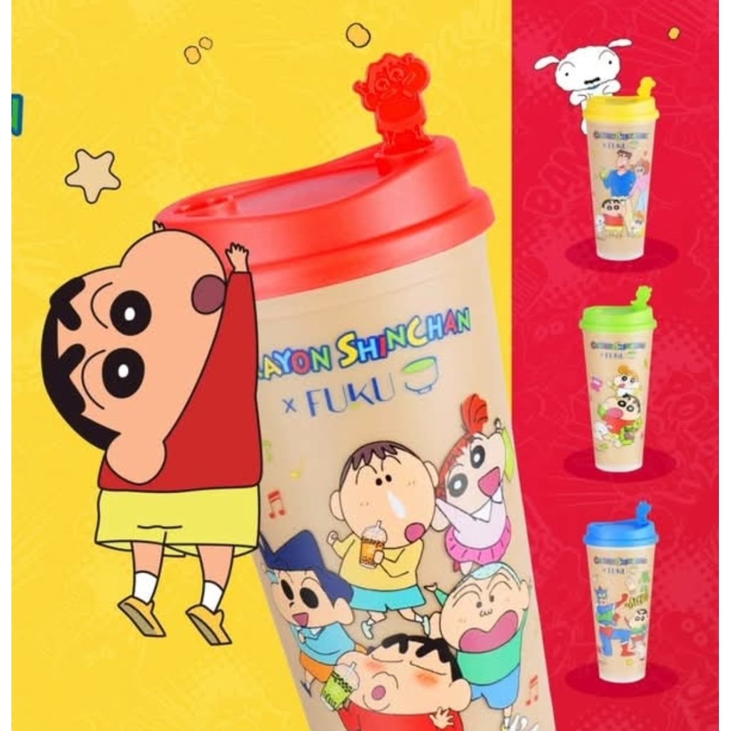 แก้วพลาสติกชินจังพร้อมฝาปิด Crayon Shinchan X Fuku Matcha สีสันสวยงาม *พร้อมส่ง*