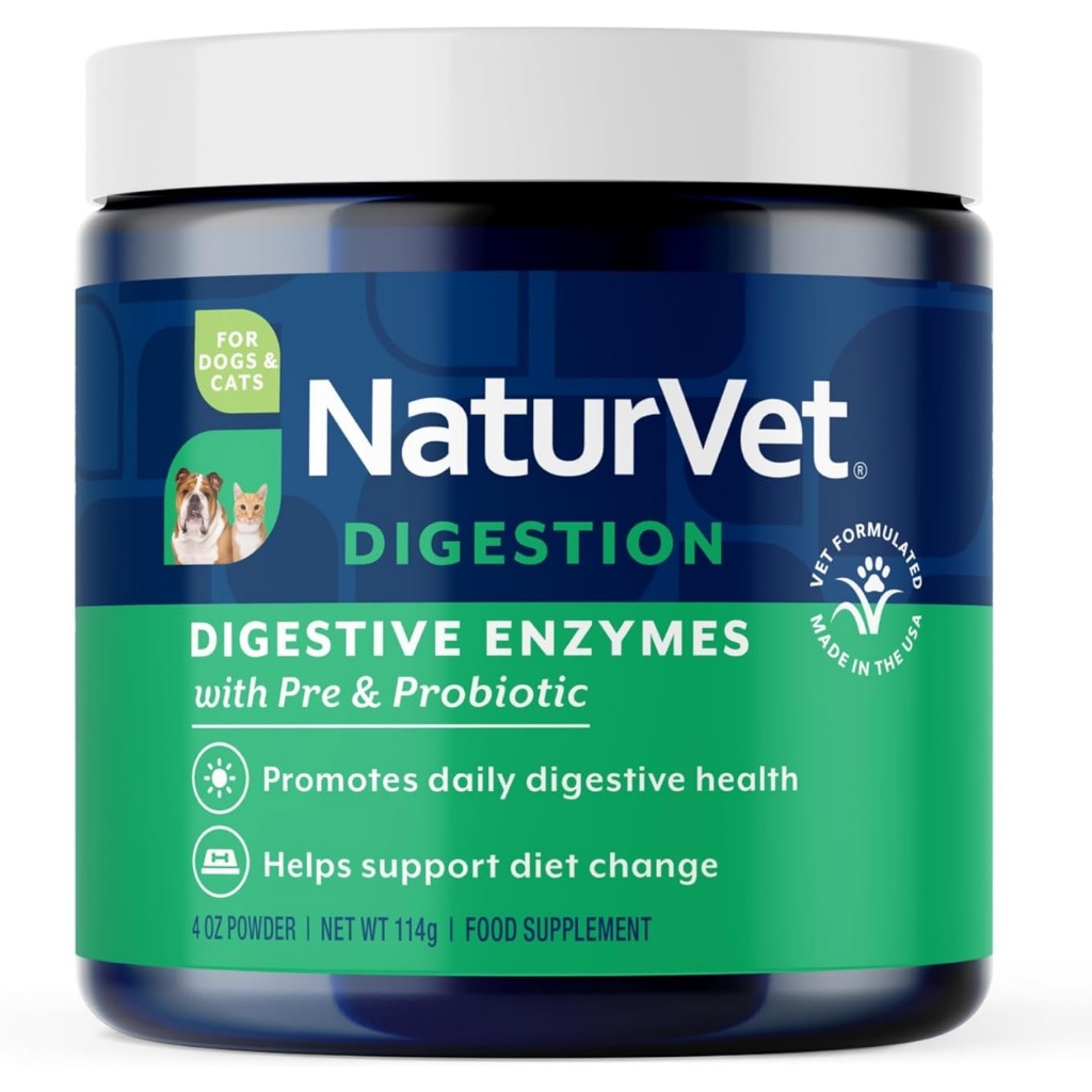 NaturVet Digestive Enzymes [ชนิดผง 114g] อาหารเสริมสุนัข-แมว เอมไซม์ช่วยย่อย ดูดซึมสารอาหาร เสริมระบ
