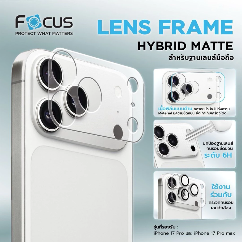 [FA168][สำหรับไอโฟน 17 Pro / 17 Pro Max] Focus Lens Frame Hybrid Matte ฟิล์มไฮบริดกันรอยฐานเลนส์ แบบด้าน - HB MT