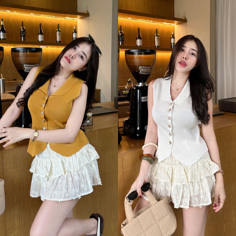 🌈SpinnyHouse🌈เสื้กล้าม ทรงคอปก สีพื้นมินิมอล ผ้าไหมพรม สาวอวบใส่ได้ แต่งกระดุมผ่าหน้า รุ่น ตู้เย็น