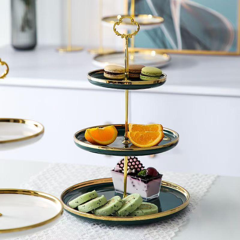 จานตั้งหลายชั้นขอบทองสุดหรูคุณภาพสูง จานขนมจัดเลี้ยง 2 ชั้น และ 3 ชั้น จาน 3 ชั้น เครื่องครัวสุดหรูพร้อมด้ามจับทอง - รูปที่ 6