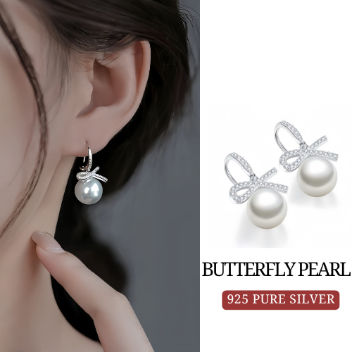 MEET พร้อมส่ง ต่างหูเงิน Butterfly Pearl ต่างหูมุก ต่างหูแฟชั่น ตุ้มหูผู้หญิง ต่างหูมุก ตุ้มหูเงิน