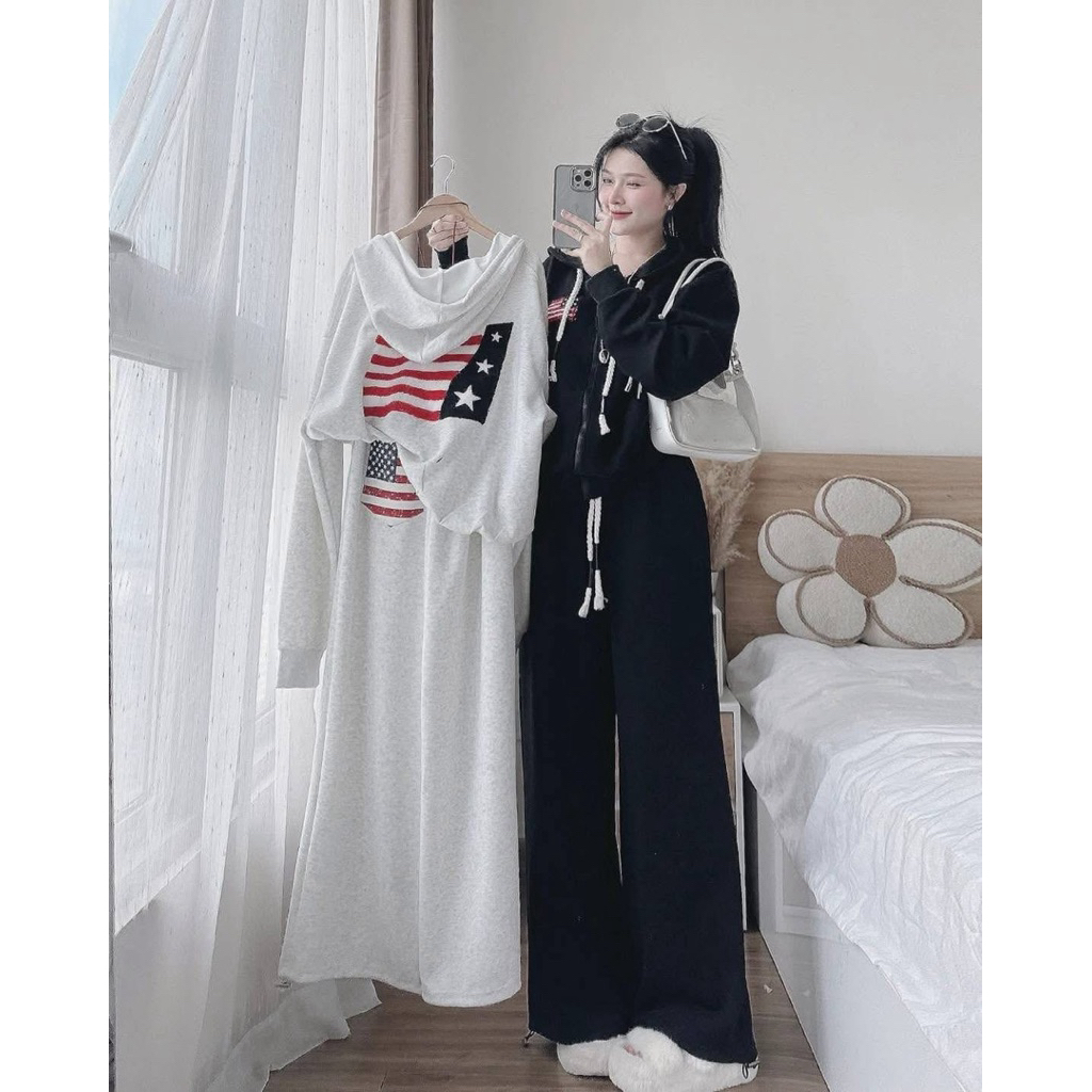 งานเวียดนาม ชุดเซ็ท แขนยาวขายาว Airport looks  ลายธงชาติแต่งธงทั้งหน้า/หลัง กางเกงแต่งกระเป๋าหลังลาย