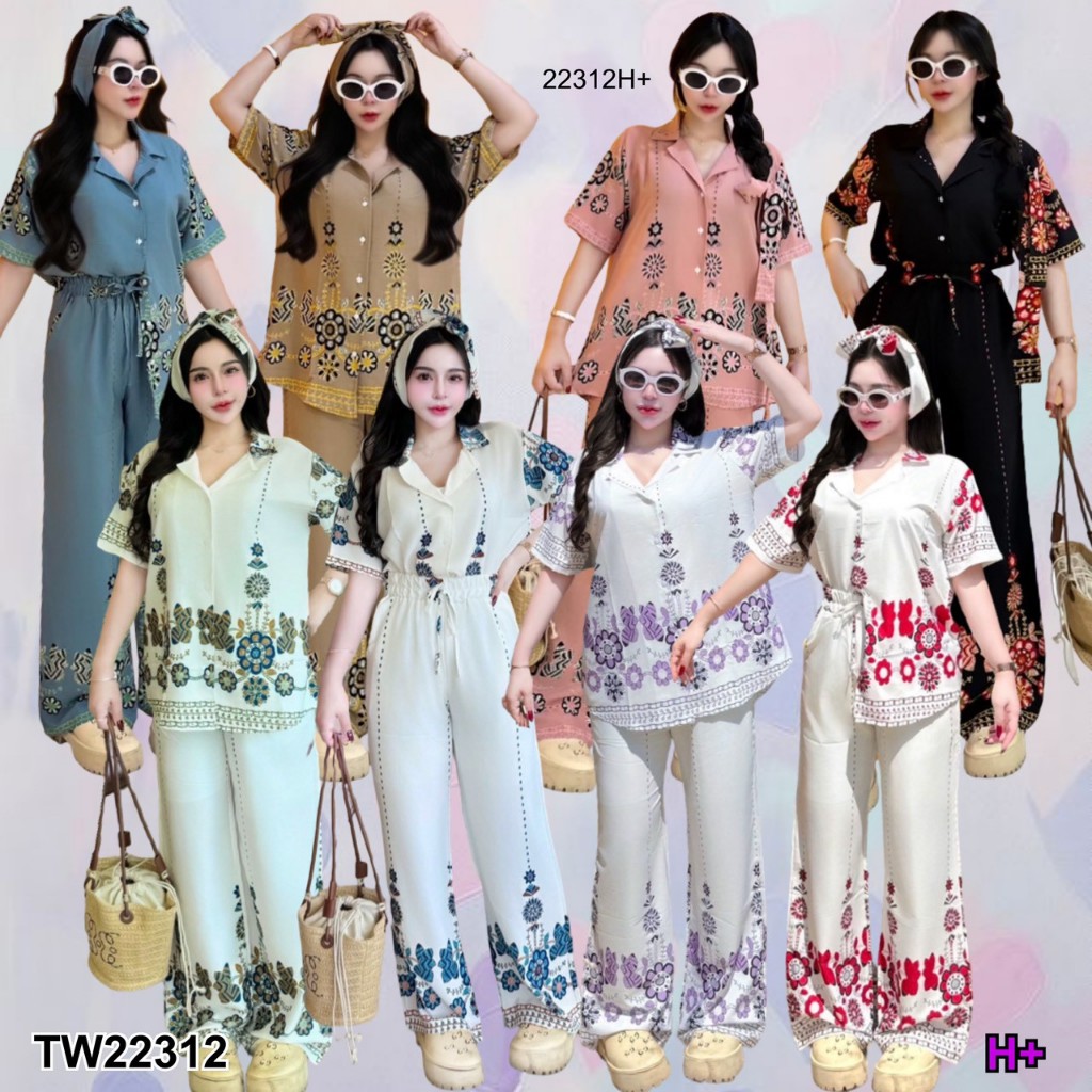 Set 3 ชิ้น เสื้อเชิ้ตกับกางเกงขายาว พิมพ์ลาย + สายผุกโบว์ TT22312