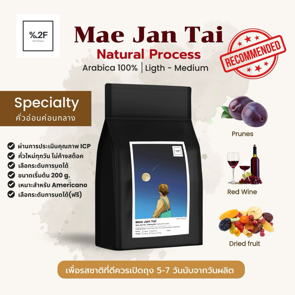 Percent.2f เมล็ดกาแฟ Specialty Natual Process คั่วอ่อนค่อนกลาง แม่จันใต้