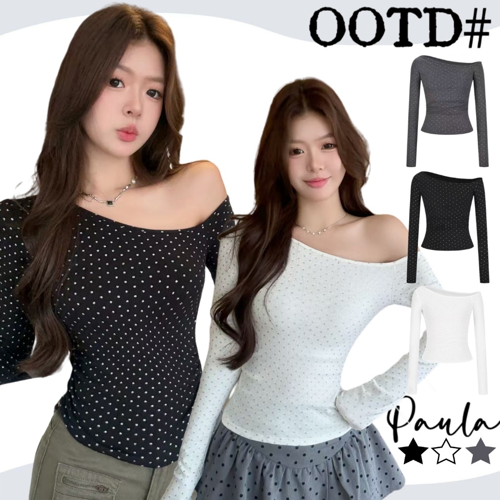 Paula พร้อมส่ง🌴เสื้อปาดไหล่🌴เสื้อยืดแขนยาว ติดเพชรสะท้านแสงทั้งตัว ทรงรัดรูป สีดำ สีขาว สีขาว S-XL