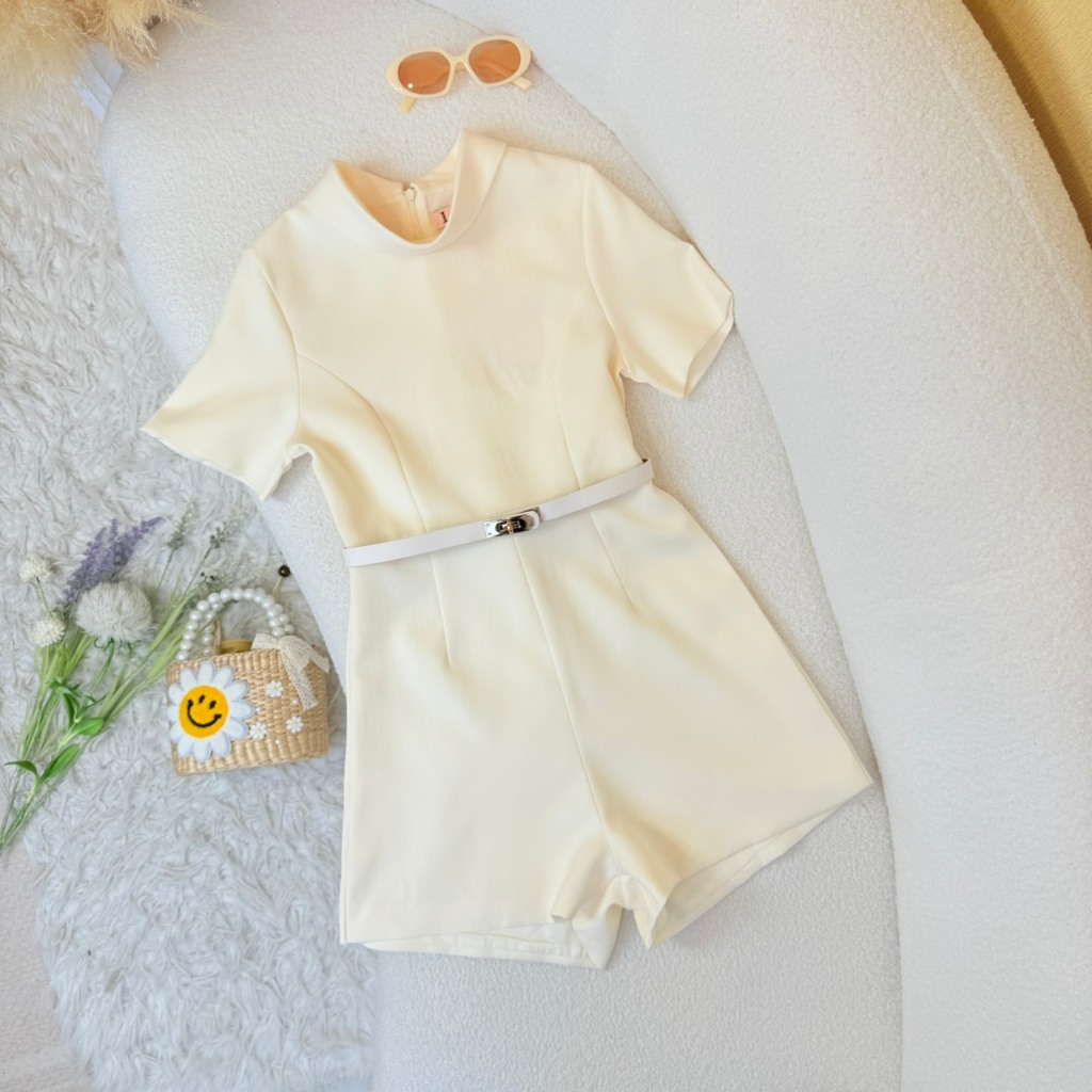 [LISA] A1210 ชุดจั๊มกางเกงขาสั้นคอกลมแขนสั้นดีเทลเข็มขัดเรียบหรูดูแพงลุคคุณ ใส่คาเฟ่ ดินเนอร์ เที่ยว