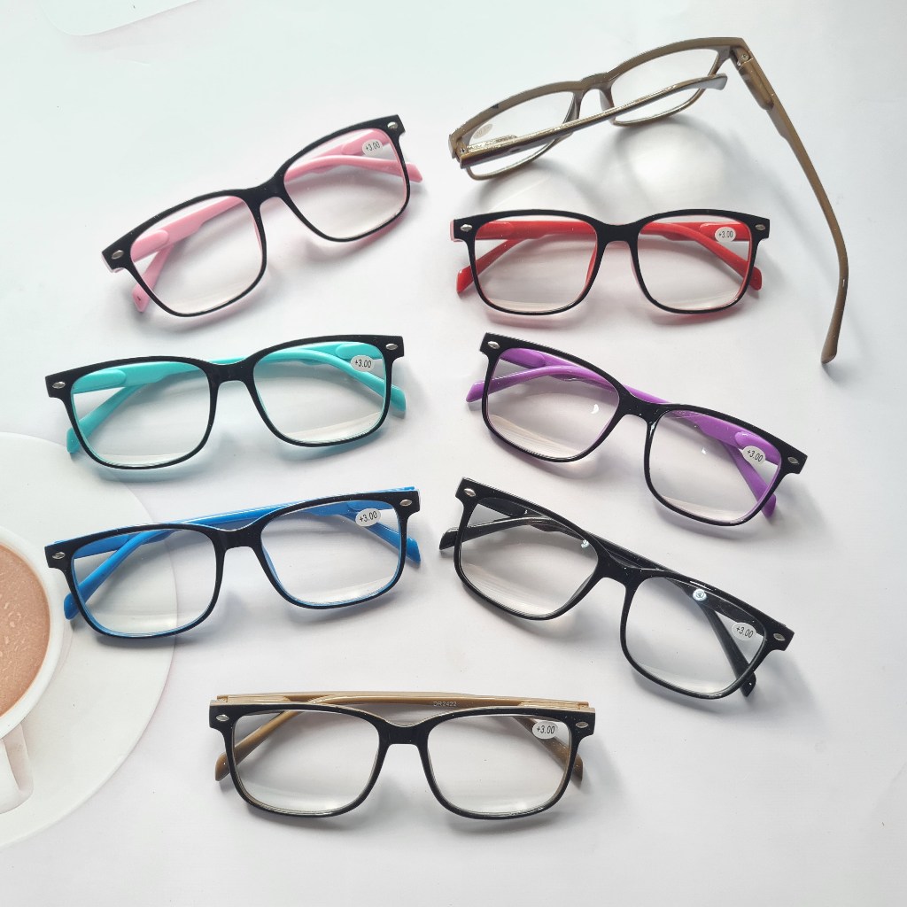 ขายยกค่าสายตาเบอร์หละ 5 ชิ้นคละสี มี+100ถึง+300แว่นสายตายาวขาสปริง อ่านหนังสือ ขาพลาสติก ทรงเหลี่ยม กรอบพลาสติก รุ่น422