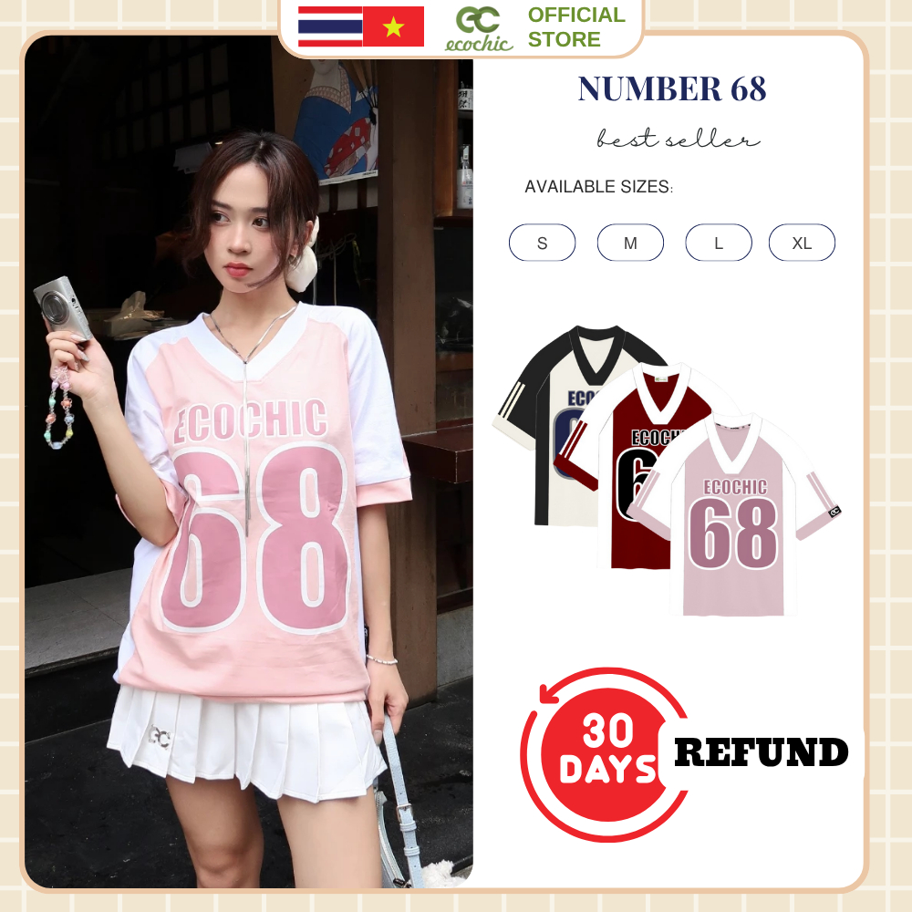 [เปลี่ยนสินค้าภายใน 30 วัน] เสื้อยืด ECOCHIC NUMBER 68 คอวี ของแท้ ยูนิเซ็กส์ กีฬา ทรงโอเวอร์ไซซ์ ผ้าคอตตอน B045