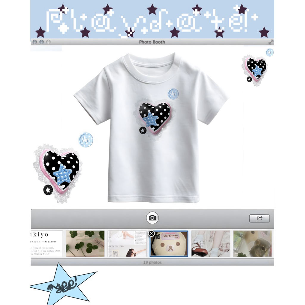 Mappi Playdate Heart Star เสื้อยืด Oversize / Baby Tee Cotton 100% ลายหัวใจโบว์ดาว สีขาว