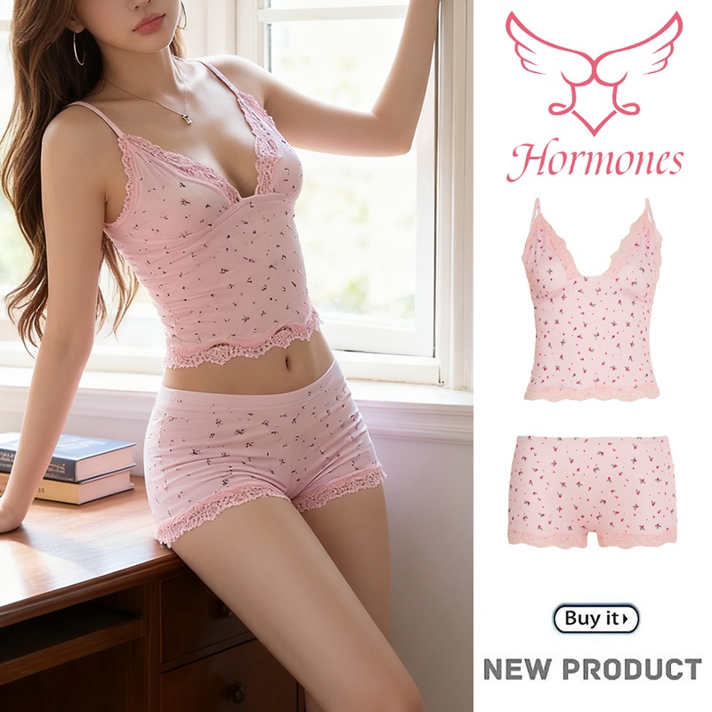 Hormones💯💯ชุดอยู่บ้าน ทรงสลิมฟิต ราคาถูกที่สุด ชุดนอนผู้หญิง ชุดสองชิ้น สีชมพู ใส่สบาย ส่งไวจากไทย