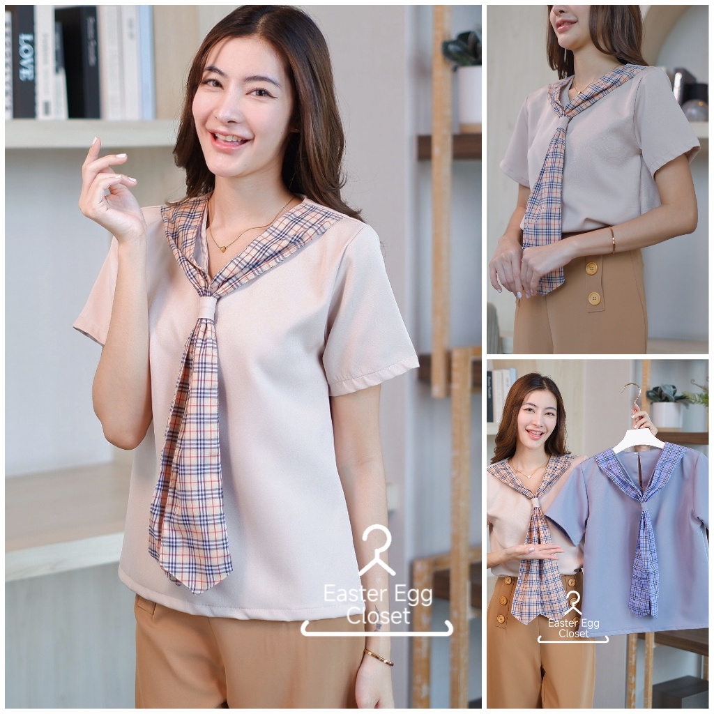 A25 เสื้อทำงานผู้หญิง เสื้อคอวี แต่งเชือกผูกเย็บติดกับตัวชุด ทำทูโทนแต่งลาย Easter Egg