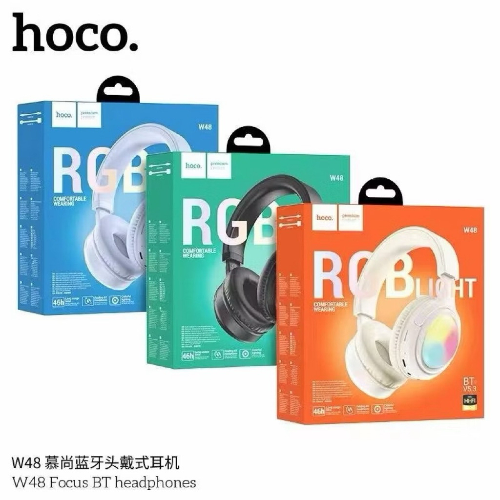HOCO W48 หูฟังบลูทูธ รองรับ BT 5.3 / Aux 3.5mm / TF Card ใช้งานได้ 46 ชม. แต่งไฟ RGB headset hc3