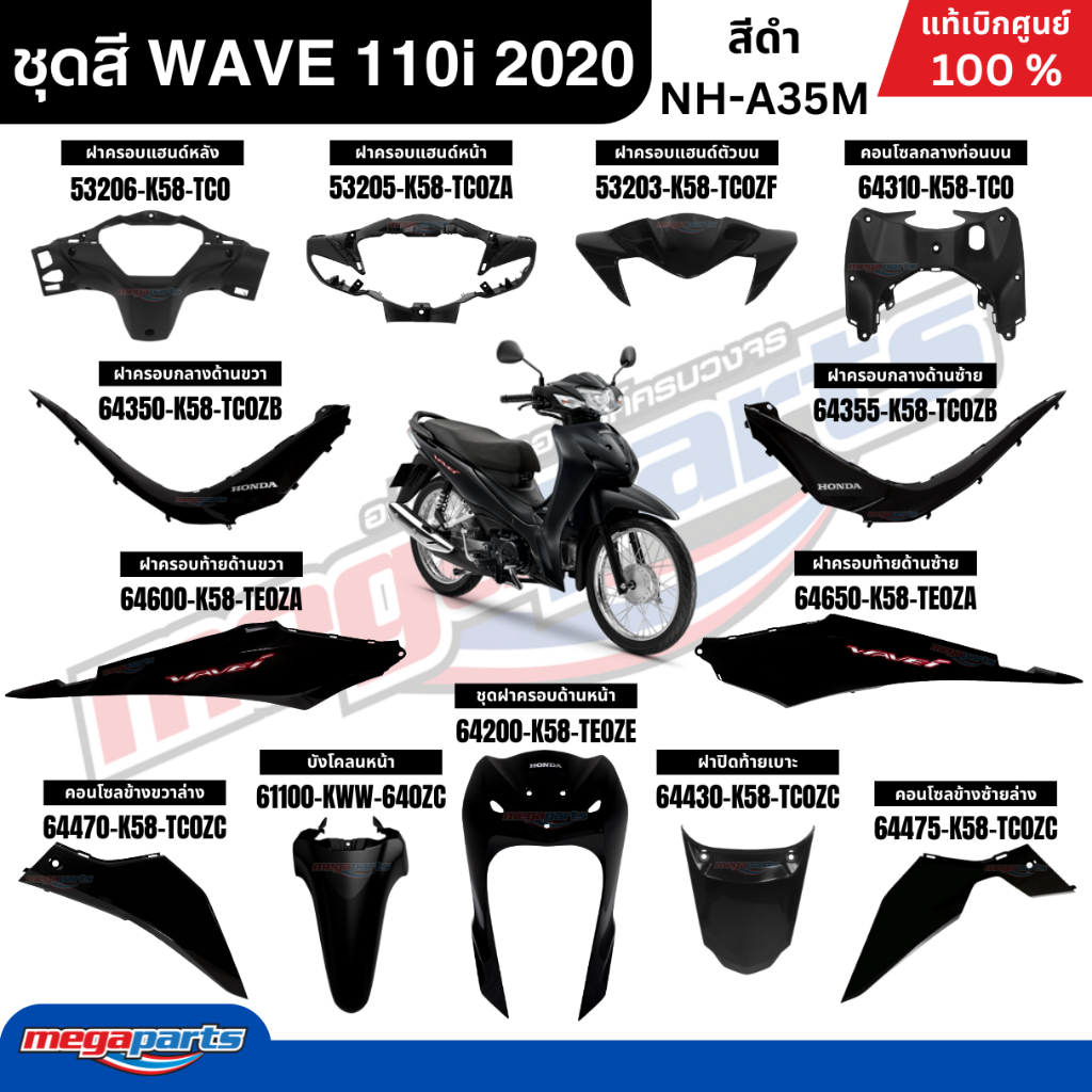 ชุดสีทั้งคัน HONDA WAVE 110i ปี 2020 สีดำ NH-A35M เวฟ ล้อซี่ลวด แท้ศูนย์ฮอนด้า (Megaparts Store)
