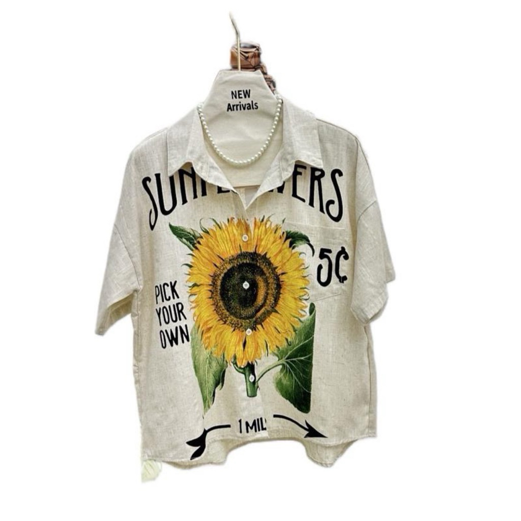 เสื้อเชิ้ตแขนสั้นผ้าลินินสกรีนลาย สวย วินเทจ กระเป๋าคู่TP