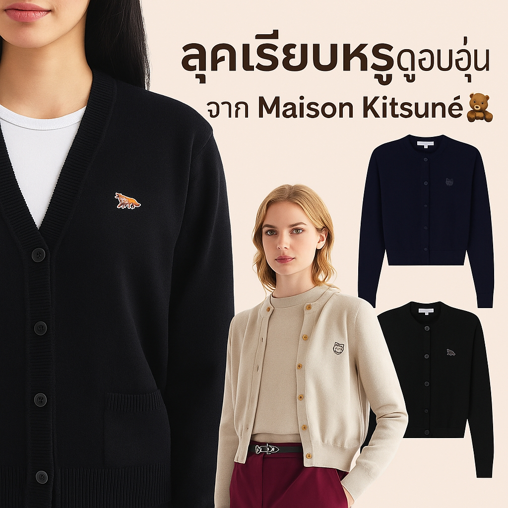 🇰🇷 Maison Kitsune Bold Fox Head Cardigan สีเบจเมลานจ์  🦊 ลุคมินิมอลสุดหรู สไตล์เกาหลี✨preorderoppa