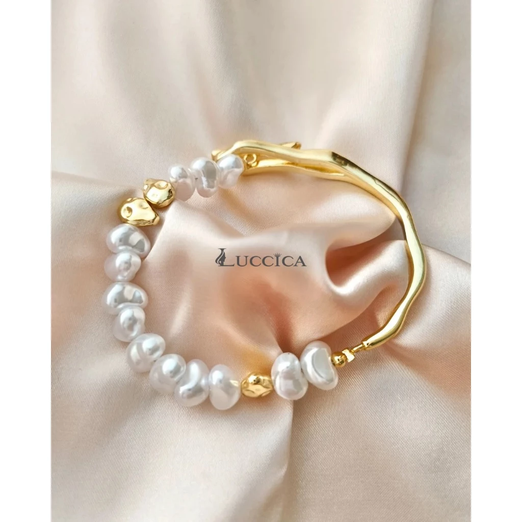 luccica-สร้อยข้อมือมุกบาร็อคธรรมชาติ 925 เงินสเตอร์ลิง ตะขอ OT สร้อยข้อมือดีไซน์ธรรมชาติ · ทองคำ
