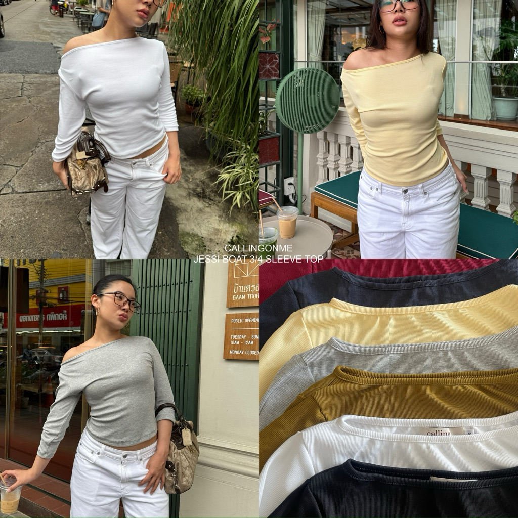 callingonme-jessi boat 3/4 sleeve top 03s เสื้อคอปาดผ้าร่องนุ่ม แขน 3 ส่วน
