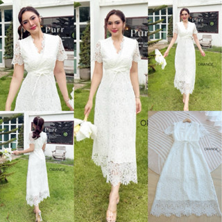 🧡พร้อมส่ง S-4XL🧡ป้าย Orange Juice💕เดรสลูกไม้สีขาว คอวี แต่งโ…