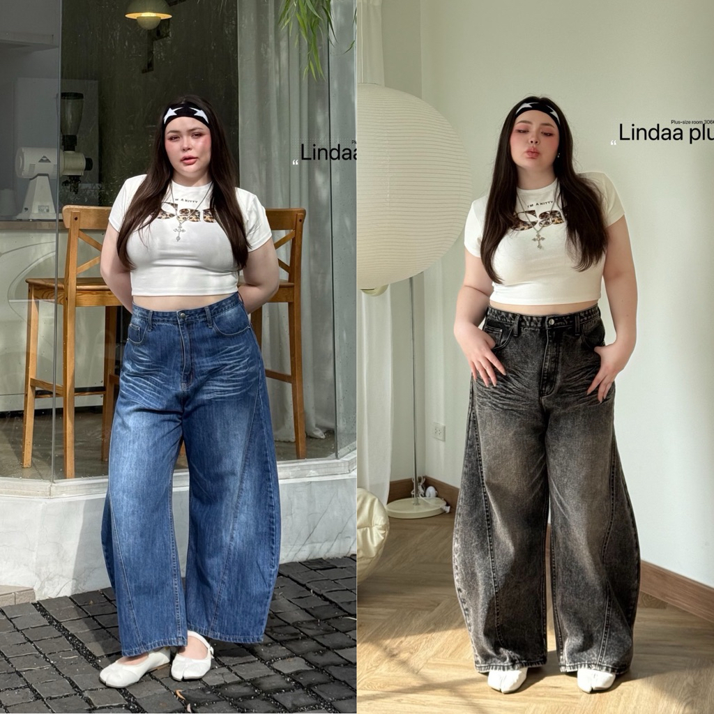 /LD/ กางเกงยีนส์สาวอวบ Buggy Jeans ทรงบอลลูน แต่งเฝด+ลายอัดยับ ทรงสวย แพทเทิร์นเพื่อสาวอวบอ้วนโดยเฉพาะ #พลัสไซส์