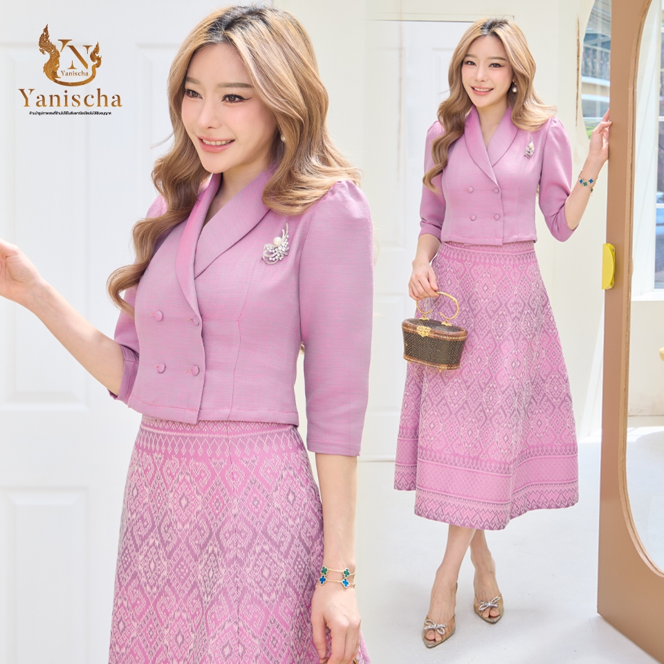 ชุดร้านญาณิศชา ชุดไทย ชุดเซ็ทผ้าฝ้ายทอลาย เสื้อทรงครอป กระโปรงทรงวงกลม ชุดออกงาน ไปวัด ทำบุญ ชุดงานเลี้ยง - สีชมพู