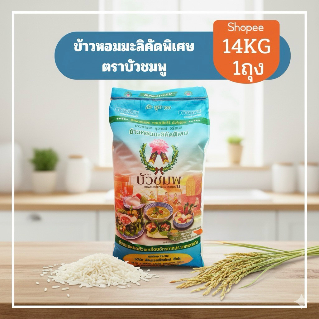 ข้าวหอมมะลิคัดพิเศษ ตราบัวชมพู (ถุงสีฟ้า) 14 KG