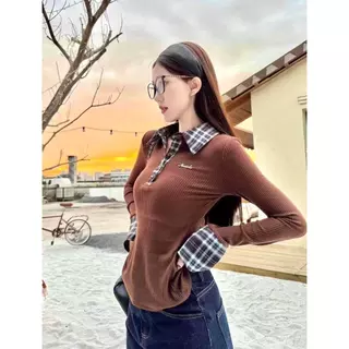 ส่งจากไทยทุกวัน คอวี เสื้อยืดผู้หญิง แขนยาว คอโปโล ทรงเข้ารูป 2สี UMISO