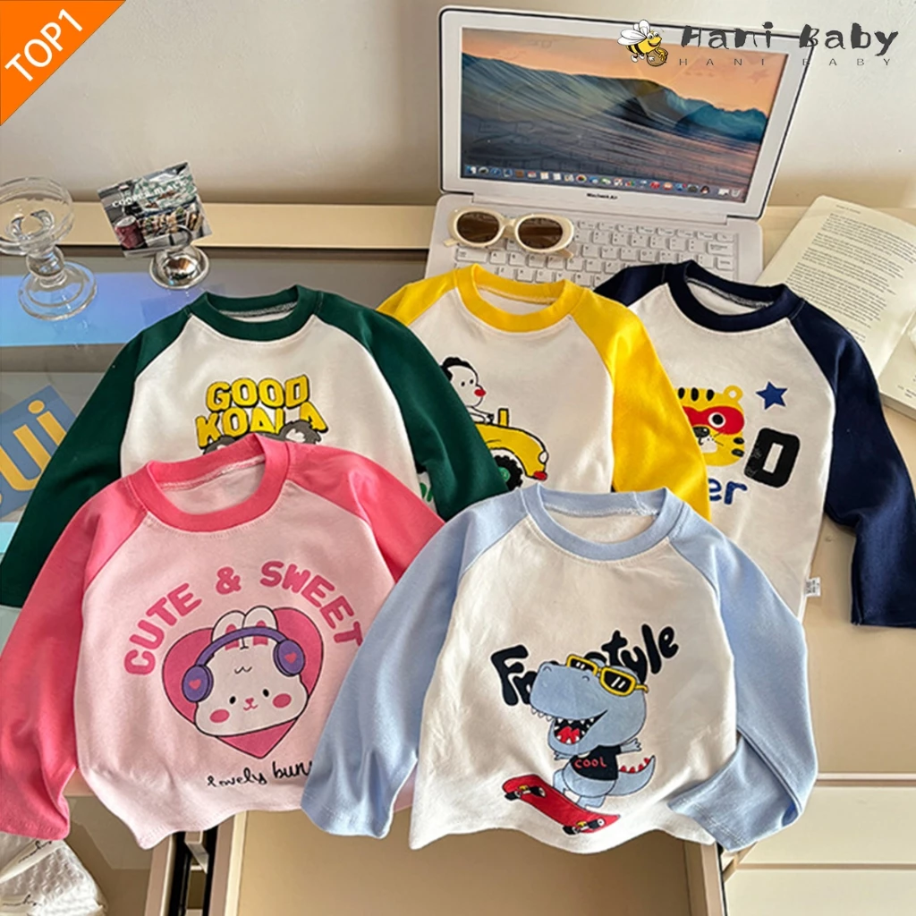 เสื้อแขนยาวเด็ก เสื้อแฟชั่นเด็ก สไตล์เกาหลี สีทูโทน ลายการ์ตูนน่ารัก พร้อมส่ง