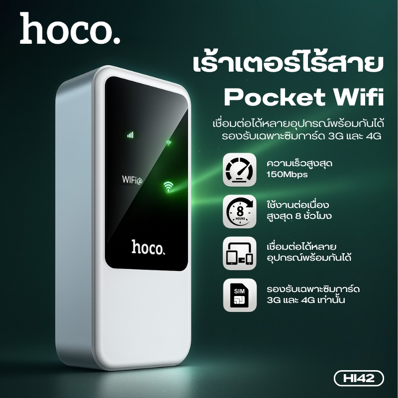 เราเตอร์WiFi แบบพกพา HOCO HI42 รองรับซิมการ์ด 3G และ 4G สัญญาณแรง เชื่อมต่อเร็ว ขนาดเล็ก พกพาสะดวก