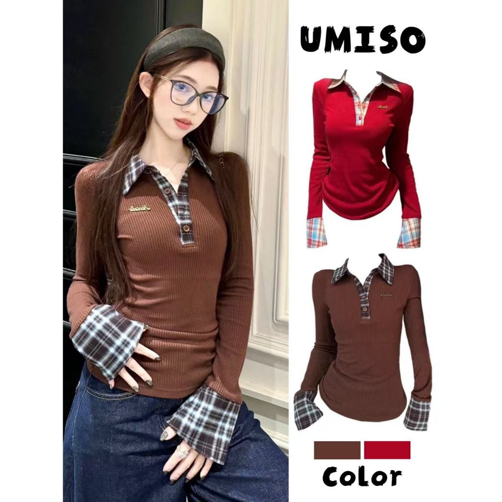 ส่งจากไทยทุกวัน คอวี เสื้อยืดผู้หญิง แขนยาว คอโปโล ทรงเข้ารูป 2สี UMISO
