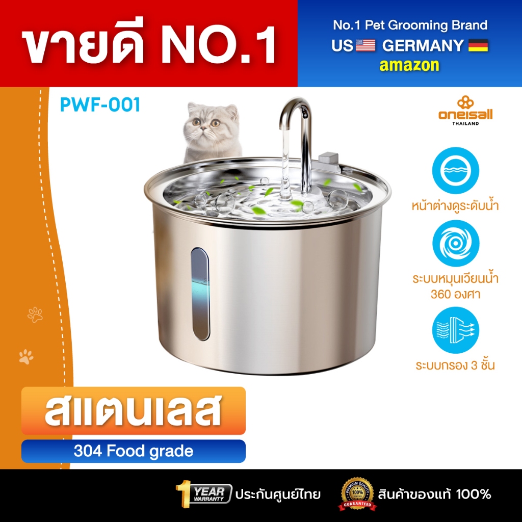 น้ำพุแมว Oneisall น้ำพุหมา น้ำพุสุนัข น้ำพุสัตว์เลี้ยง ให้น้ำแมว ขนาด2ลิตร สแตนเลส  รุ่น PWF-001