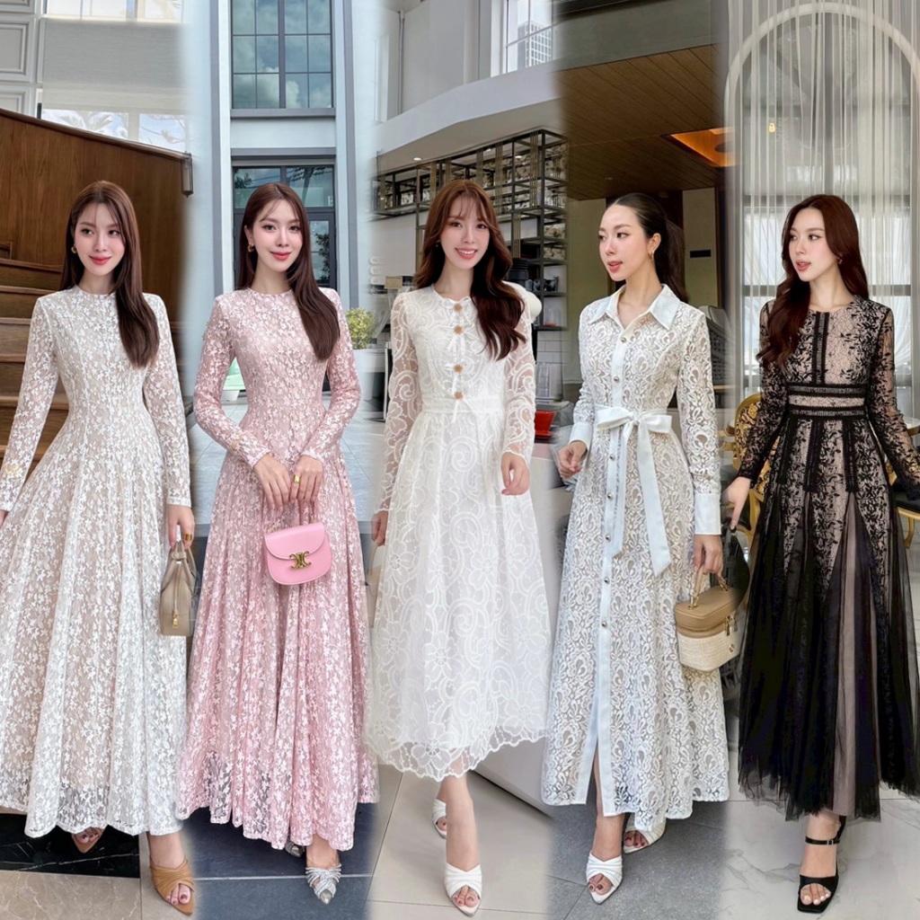 S-XXL ชุดเดรสลูกไม้แขนยาว สีขาว,ชมพู,ครีม,ดำ,แดง,น้ำตาล ใส่ออกงาน ทำบุญ,งานบวช งานแต่ง #Alicia #Abigail