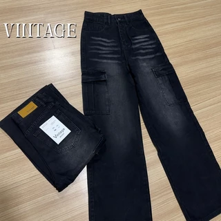 Vintage รุ่น Q6667 กางเกงยีนส์ คาร์โก้ ทรงกระบอก แต่งเฟดขา ทรงสวยผ้าไม่ยืด กระเป๋าตรง 2 ใบ