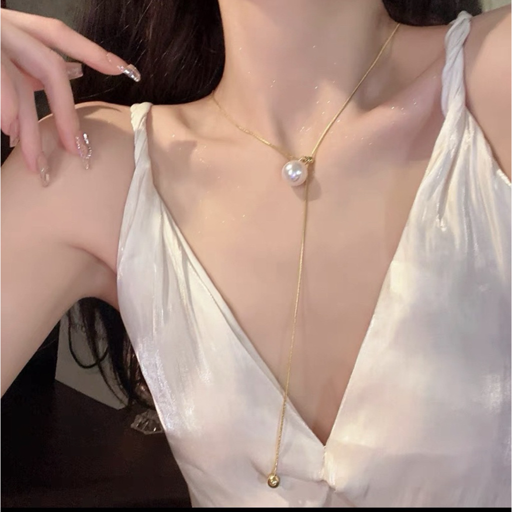 ✨พร้อมส่งจากไทย✨ E-12สร้อยคอแบบยาวแต่งมุกปรับความยาวได้ สร้อยเงินประดับตกแต่งมุก - รูปที่ 4