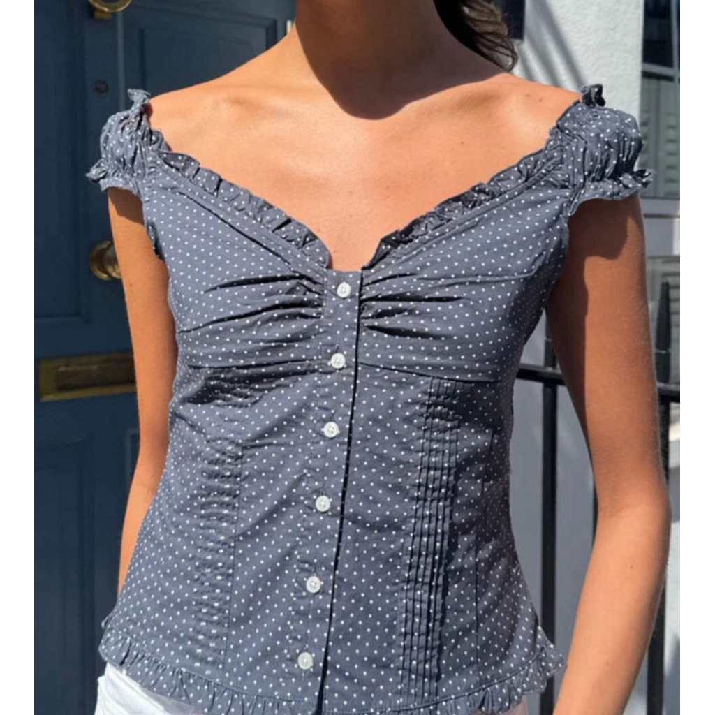 พร้อมส่ง 🎀 Brandy Melville | Elena Polka Dot Top (Grey)