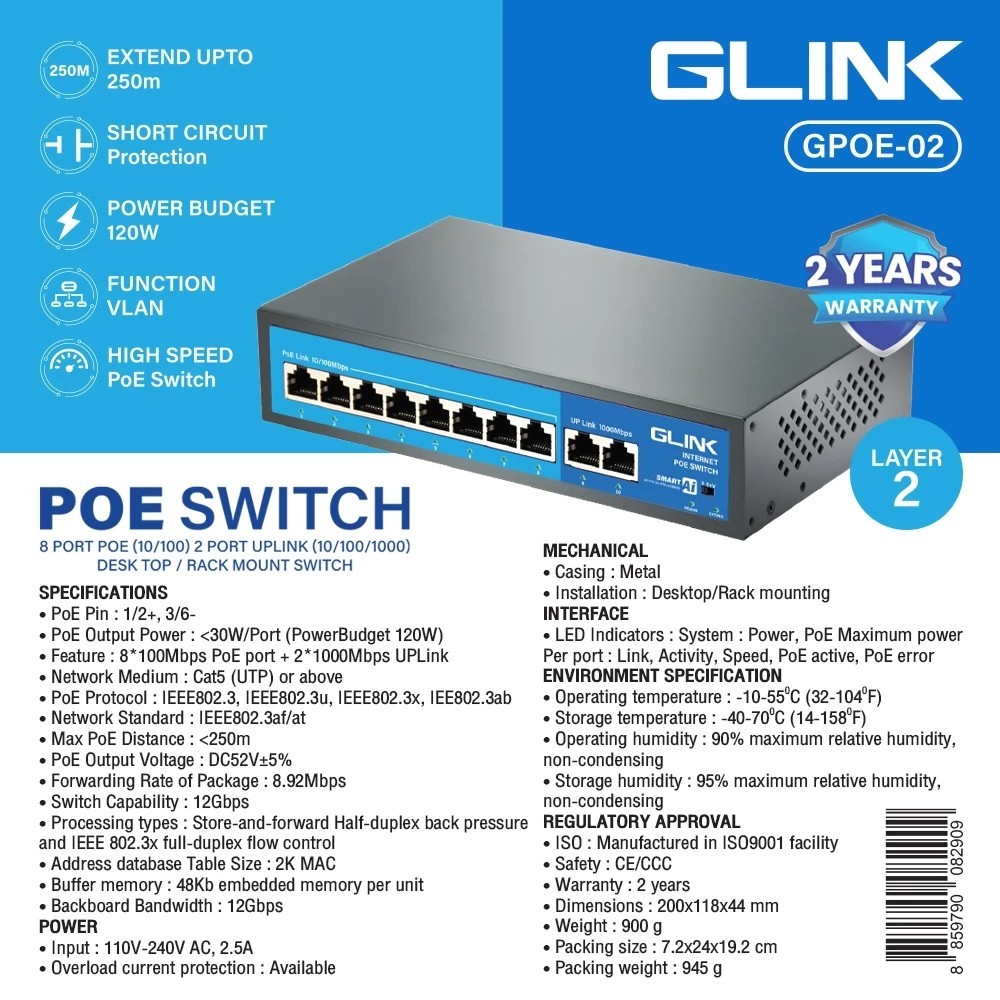 GLINK POE Switch 8Port 10/100+2Port UP Link รองรับความเร็ว 10/100/1000 Mbps. รุ่น GPOE-02