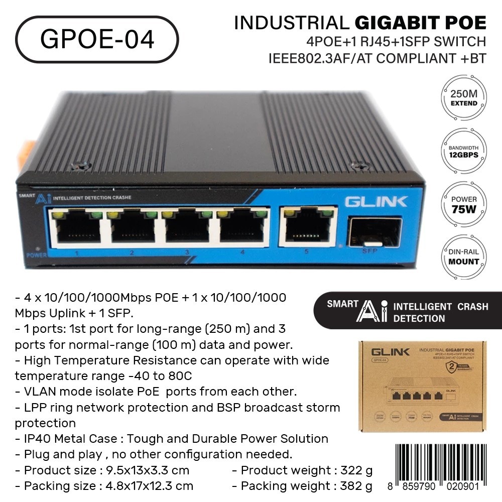GLINK Gigabit POE Switch รุ่น GPOE-04 (รองรับความเร็ว 10/100/1000 Mbps)