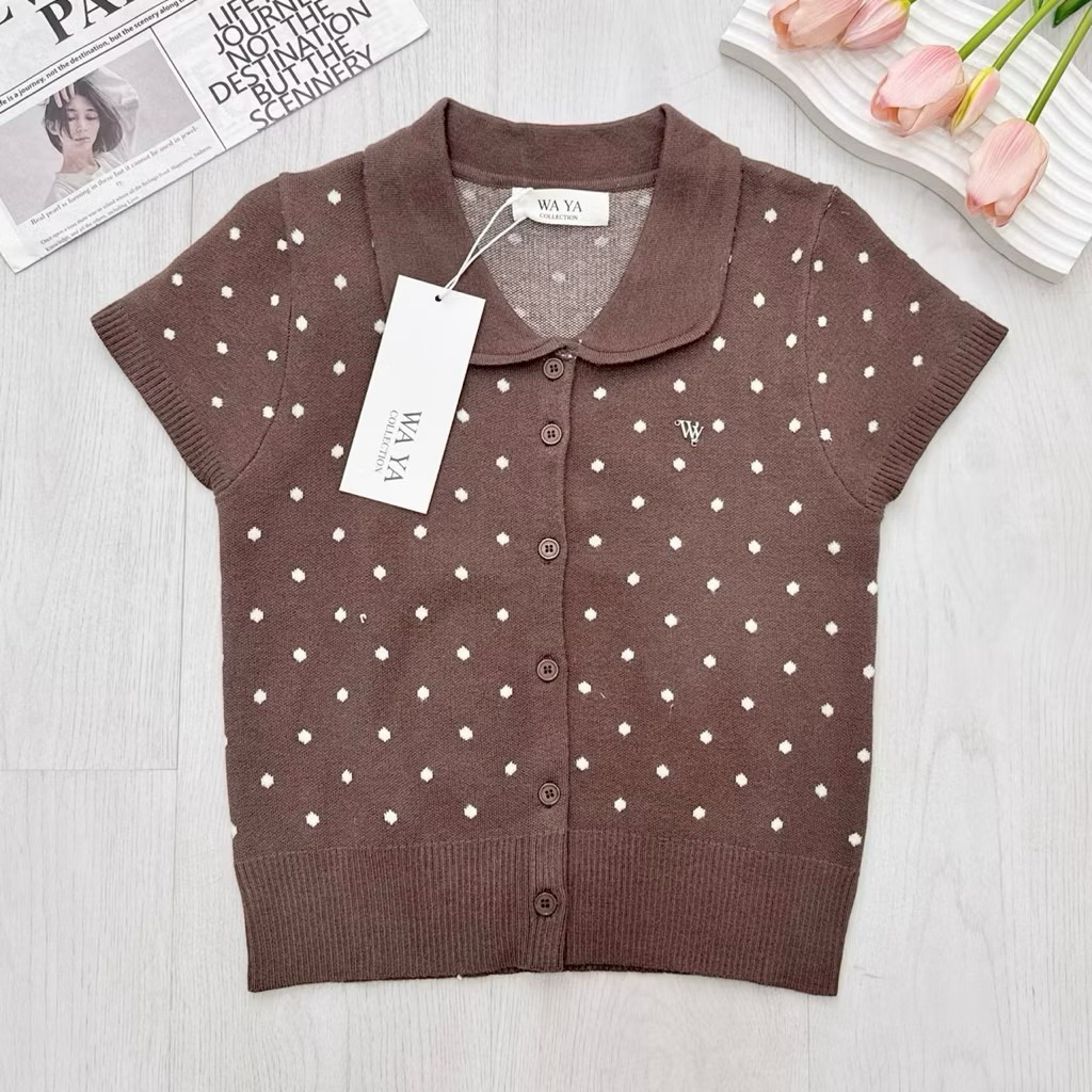 ✅พร้อมส่ง เสื้อไหมพรมสีน้ำตาล ลายจุดป้าย WA YA