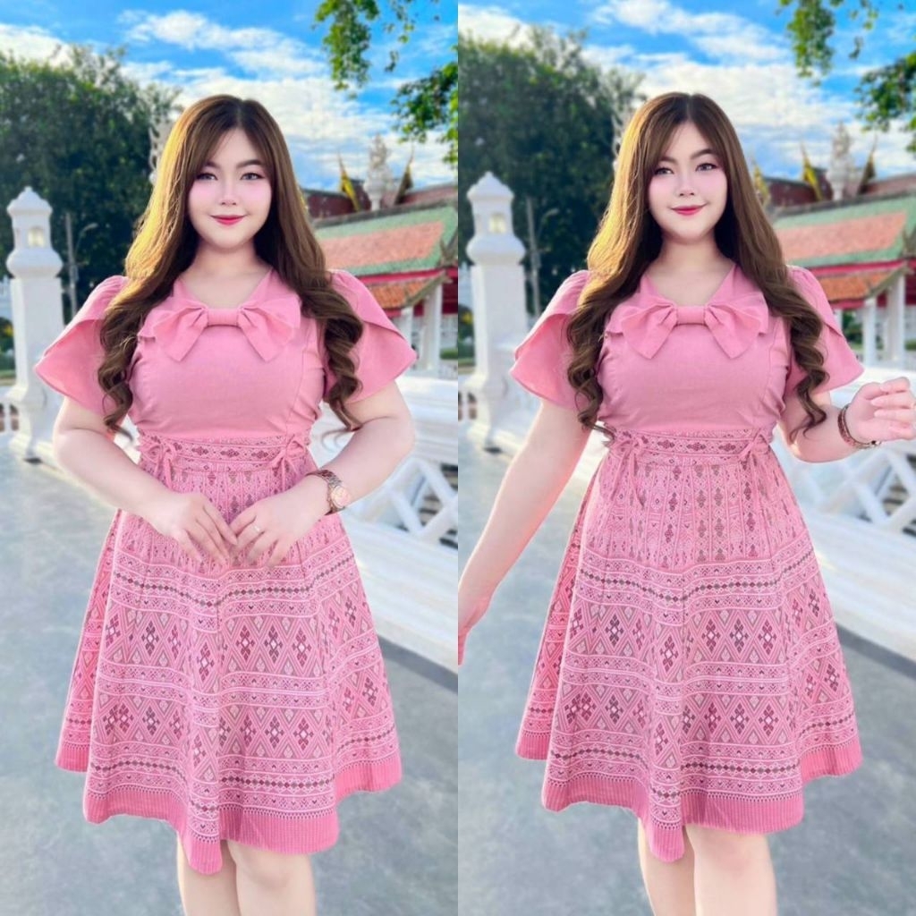 ชุดเดรสผ้าไทยประยุกต์ทรงย้วยแต่งโบว์ไหล่สวยมากกใส่ออกงานพิธีการงานบุญต่างๆ