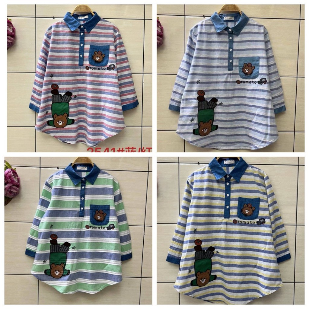ป้าย SHENG ZI เสื้อเชิ้ตลายขวางแขนศอกปักน้องหมี อก 44 นิ้ว ยาว 26 นิ้ว