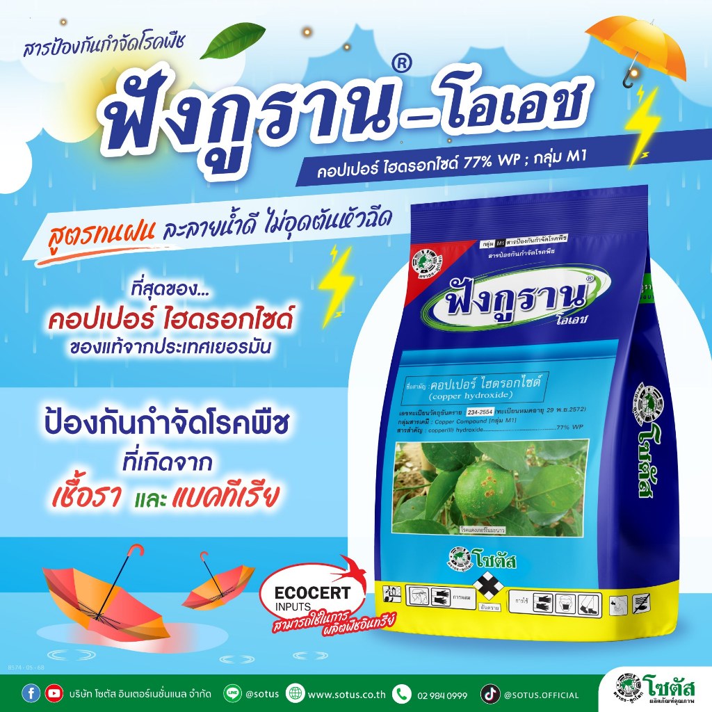 ฟังกูราน โอเอช (1 กิโลกรัม) คอปเปอร์ฟ้า สูตรทนฝน โรคแคงเกอร์มะนาว ส้ม ป้องกันกำจัดเชื้อราและโรคพืช