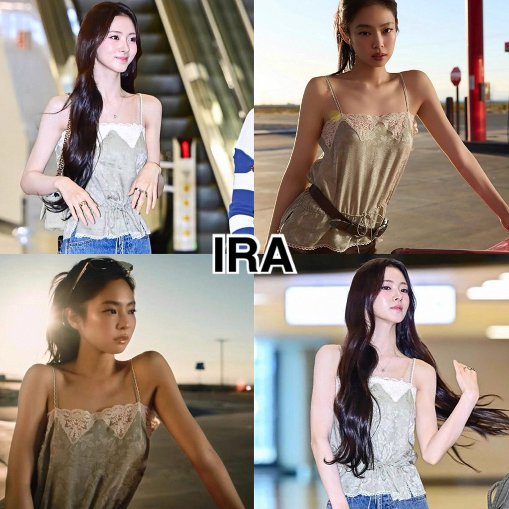BY IRA Tanaka jennie สไตล์เดียวกันลูกไม้สีเขียวอ่อน Camisole ผู้หญิงหวานสไตล์อ่อนโยนเสื้อขนาดเล็ก