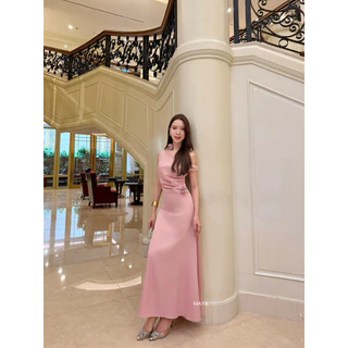 G135 สีน้ำตาลไหม้ มาใหม่ ชุดเดรสปาดไหล่ออกงาน ชุดเพื่อนเจ้าสาว s-2xl สะโพกฟรี มีดอกไม้ผูกให้